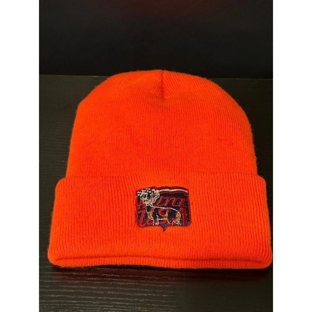 Vintage Blaze Orange USA Embroidered Patch Knit Beanie Hunter Safety Watch Cap
